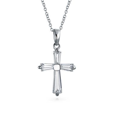 Small Baguette Cubic Zirconia CZ Cross Pendant Necklace .925 Silver