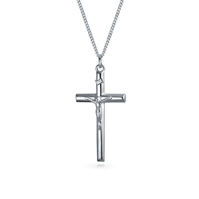 Jesus INRI Crucifix Tube Cross Pendant Sterling Silver Necklace Chain