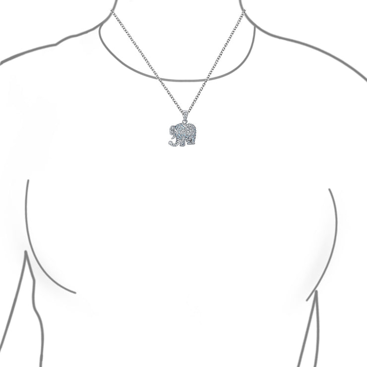 Aqua Blue Grey Pave CZ Good Luck Elephant Pendant Necklace .925 Silver