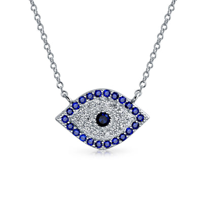 Turkish Blue Yellow CZ Evil Eye Pendant Necklace in Sterling Silver