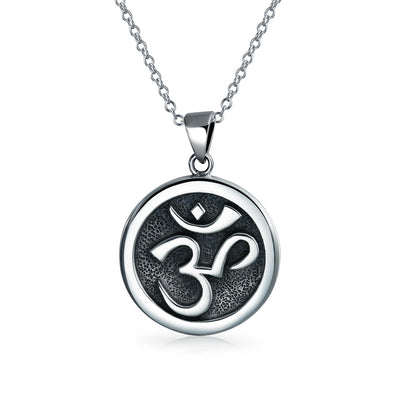 Circle Disc Aum Om Ohm Pendant Necklace Yoga Medallion Oxidized Silver