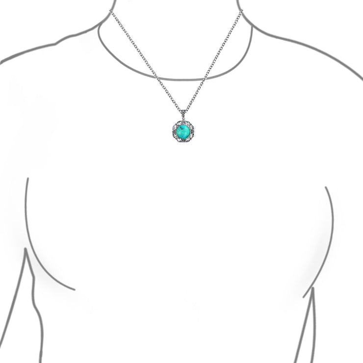 Octagon Turquoise Gemstone Filigree Pendant Western Necklace Silver