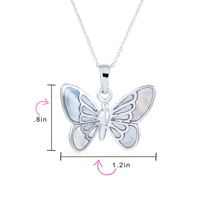 Iridescent Rainbow Abalone Shell Butterfly Pendant Necklace in Sterling Silver