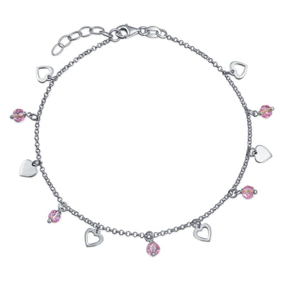 Heart Crystal Pink Anklet Charms Anklet Sterling Silver 9 -10 In