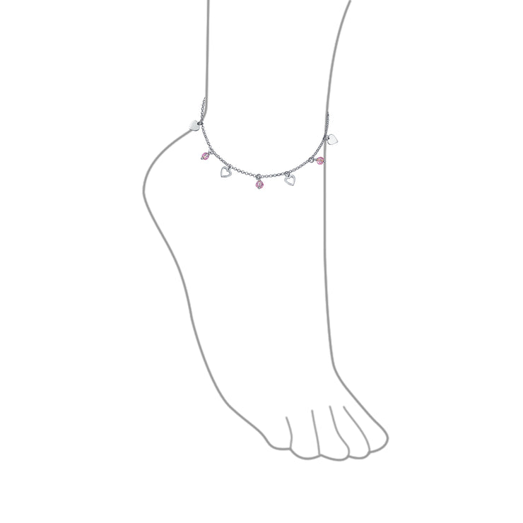 Heart Crystal Pink Anklet Charms Anklet Sterling Silver 9 -10 In