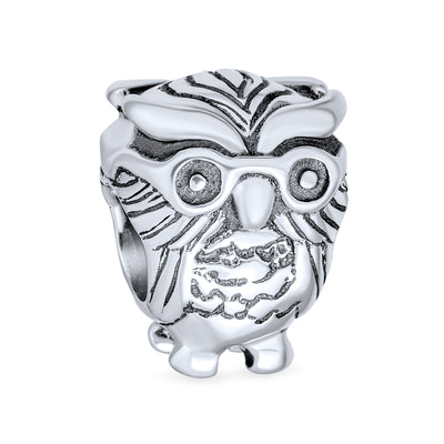 Wise Graduate Owl Bird Charm Bead Student For Book Worm .925 Silver