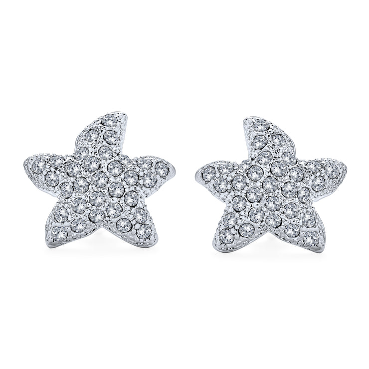 Pave Crystal Starfish Clip On Earrings Non Pierced Ears Silver Plated