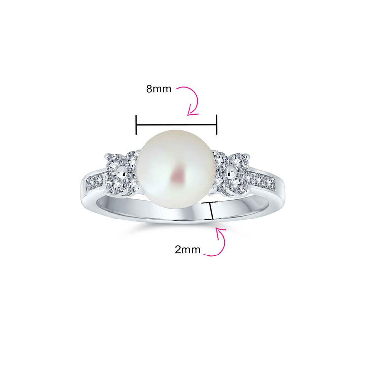 Traditional Cocktail Statement Ring with CZ Band and White Pearl Solitaire