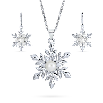 Christmas White Pearl Snowflake Necklace Pendant Earrings Jewelry Set