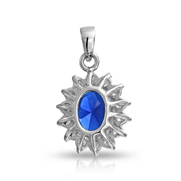 Oval Blue Pendant Imitation Sapphire CZ Halo Crown .925 Sterling Silver