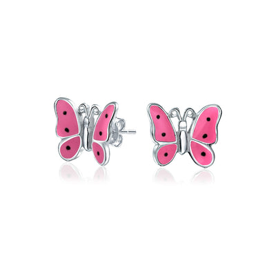 Pink Enamel Garden Butterfly Shaped Stud Earrings .925 Sterling Silver