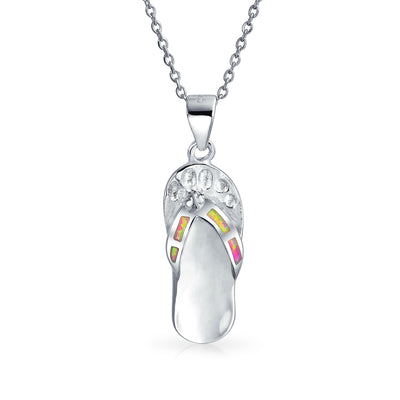 Pink Rainbow Opal Flip Flop Sandal Pendant Necklace Sterling Silver Birthstone