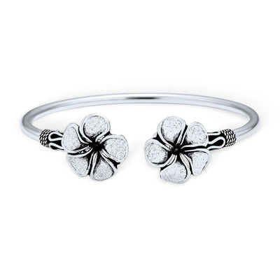 Bali Style Plumeria Flower Bangle Bracelet in Oxidized Sterling Silver