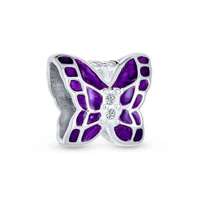 Garden Insect Charm Bead Purple Enamel Butterfly with Cubic Zirconia Accents