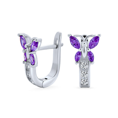 Purple CZ Garden Insect Butterfly Hoop Huggies Earrings .925  Silver