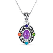 Oval Created Purple Turquoise Gemstone Pendant .925Sterling Silver