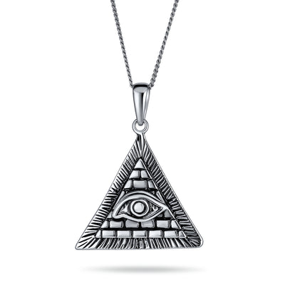 Unisex Masonic Talisman Pendant Necklace with Pyramid & Evil Eye in Sterling Silver