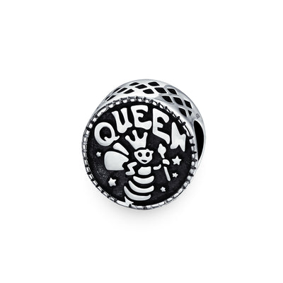 Black Round Word Queen Bumble Bee Charm Bead .925Sterling Silver