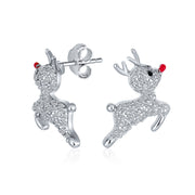 Christmas Rudolph Red Nose Reindeer CZ Stud Earrings Sterling Silver