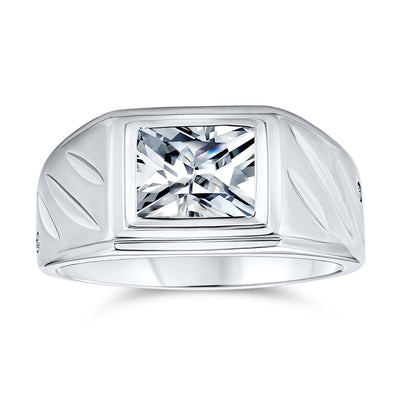 Geometric Rectangle Big Emerald Cut AAA CZ Bezel Mens Engagement Ring