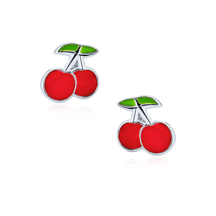 Set of 2 Small Summer Fruit Red Strawberry Cherry Stud Earrings Sterling Silver