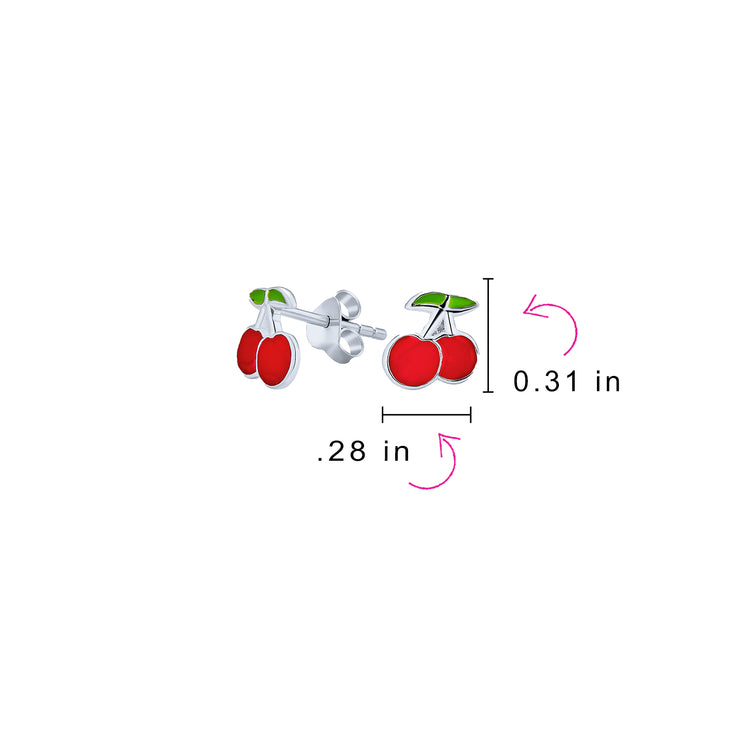 Set of 2 Small Summer Fruit Red Strawberry Cherry Stud Earrings Sterling Silver