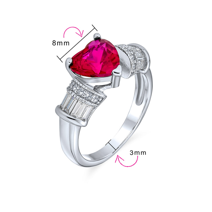 Art Deco 2.5CT Red Pink Heart CZ Engagement Ring with Baguette Side Stones