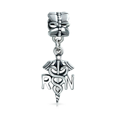 RN Nurse Hat Caduceus Dangle Charm Bead Sterling Silver for European Bracelet