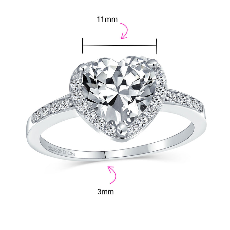 3CT .925Sterling Silver AAA CZ Halo Pave Band Heart Engagement Ring