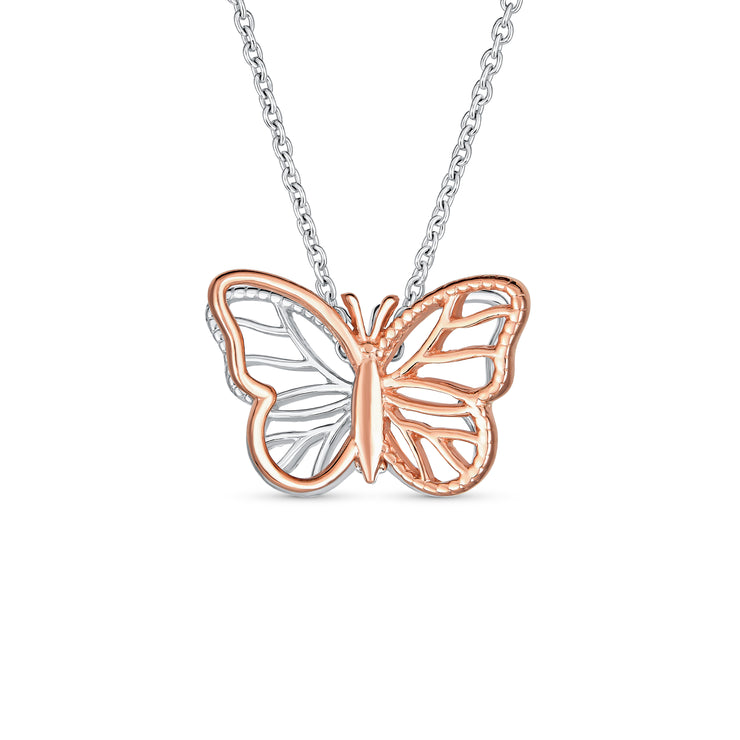 Dainty Garden 3D Butterfly Pendant Necklace Two-Tone Rose Gold & Silver Chain