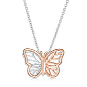 Open 3D Butterfly Necklace Cut Out Dangling Pendant Rose Silver