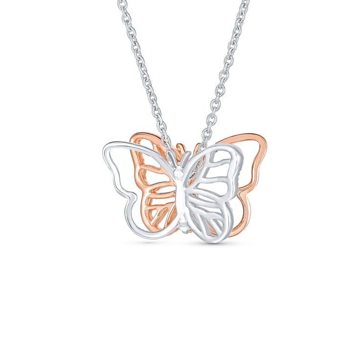 Dainty Garden 3D Butterfly Pendant Necklace Two-Tone Rose Gold & Silver Chain