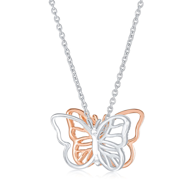 Open 3D Butterfly Necklace Cut Out Dangling Pendant Rose Silver