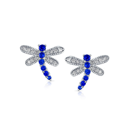 Dainty Blue Garden CZ DragonFly Butterfly Stud Earrings Silver Plated