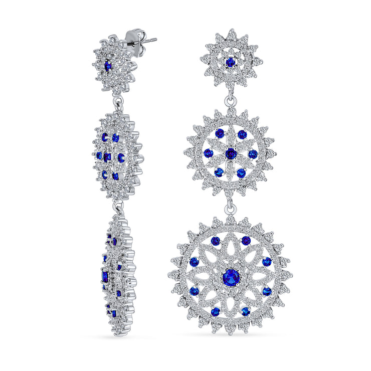 Blue Pave CZ Round Prom Statement Dangle Earring Silver Plated