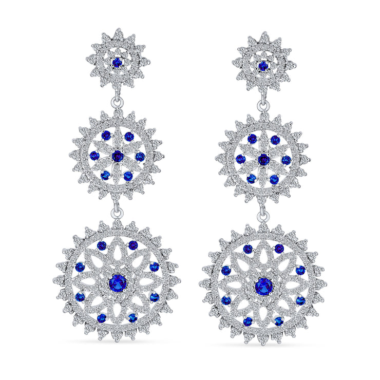Blue Pave CZ Round Prom Statement Dangle Earring Silver Plated