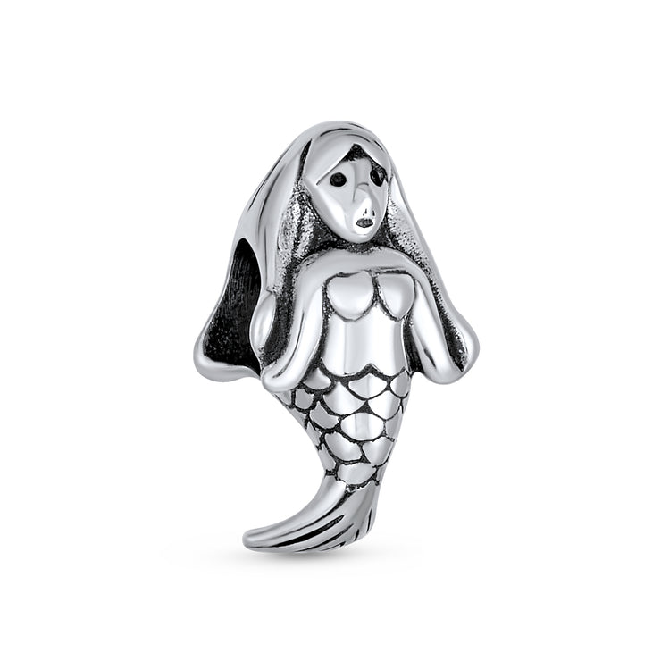 Set of 2 Nautical Clam Shell and Sea Nymph Mermaid Charm Bead Sterling Silver