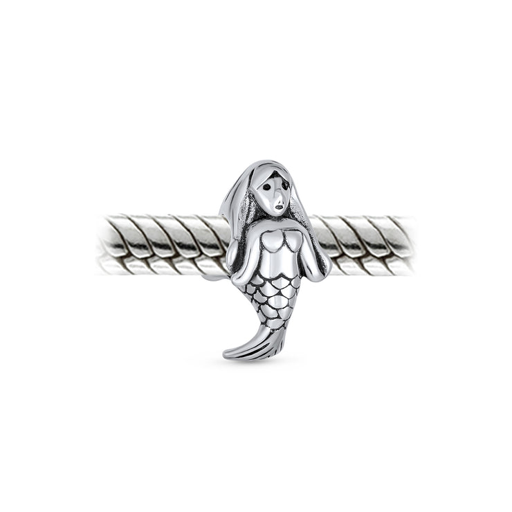 Set of 2 Nautical Clam Shell and Sea Nymph Mermaid Charm Bead Sterling Silver