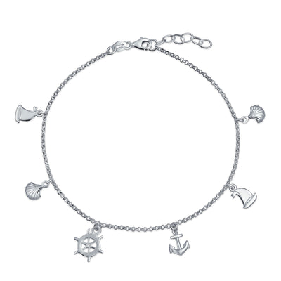 Nautical Charm Anklet Ankle Bracelet with Anchor Sailboat and Sea Shell Charms