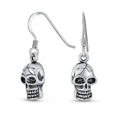 Biker Jewelry Dangle Earrings Pirate Skull Design in  Sterling Silver