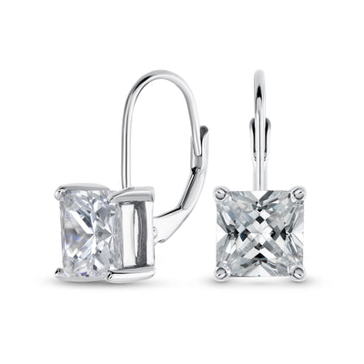 Bridal Lever-Back Princess Cut Solitaire Square CZ Earrings Sterling Silver 7MM