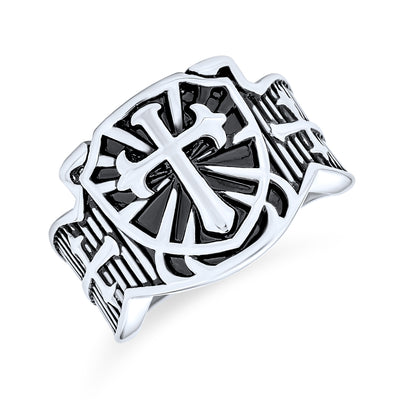 Statement Men Shield Maltase Fleur De Lis Cross Signet Ring Stainless Steel