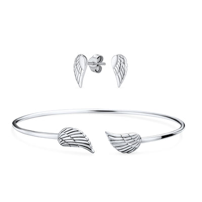 Guardian Angel Wing Feather Stud Earrings Bangle Cuff Bracelet Sterling Silver