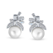 Bridal Ribbon CZ White Stud Imitation Pearl Earrings Sterling Silver
