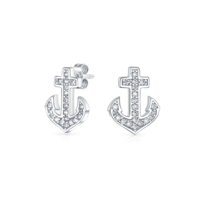 Whimsical Nautical CZ Stud Earrings with Boat Anchor, Pave Cubic Zirconia, Sterling Silver