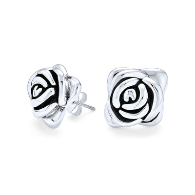 Black Rose Flower Stud Earrings Women Oxidized .925 Sterling Silver