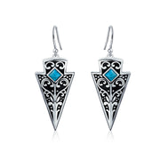 Blue Bead Arrowhead Dangle Gemstone Earrings in Oxidized Sterling Silver