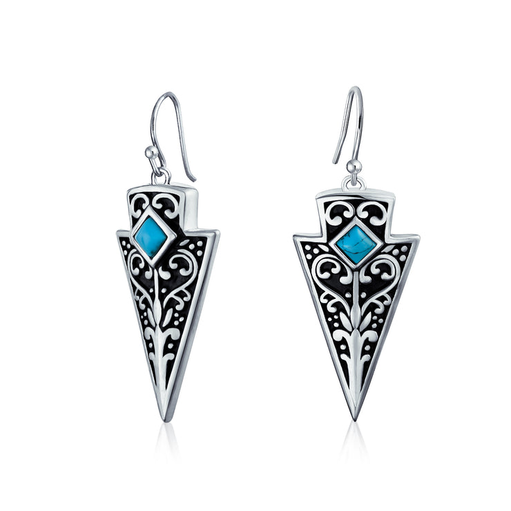 American Indian Style Blue Arrowhead Boho Earrings Sterling Silver