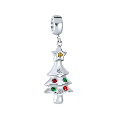 Reversible Green Holiday Star Tree Dangle Charm Bead Crystal Enamel Silver Bracelet