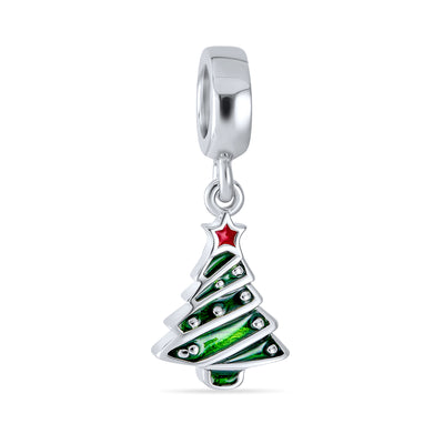 Christmas Charm Bead Red Star & Green Tree Dangle Enamel Sterling Silver for Bracelets